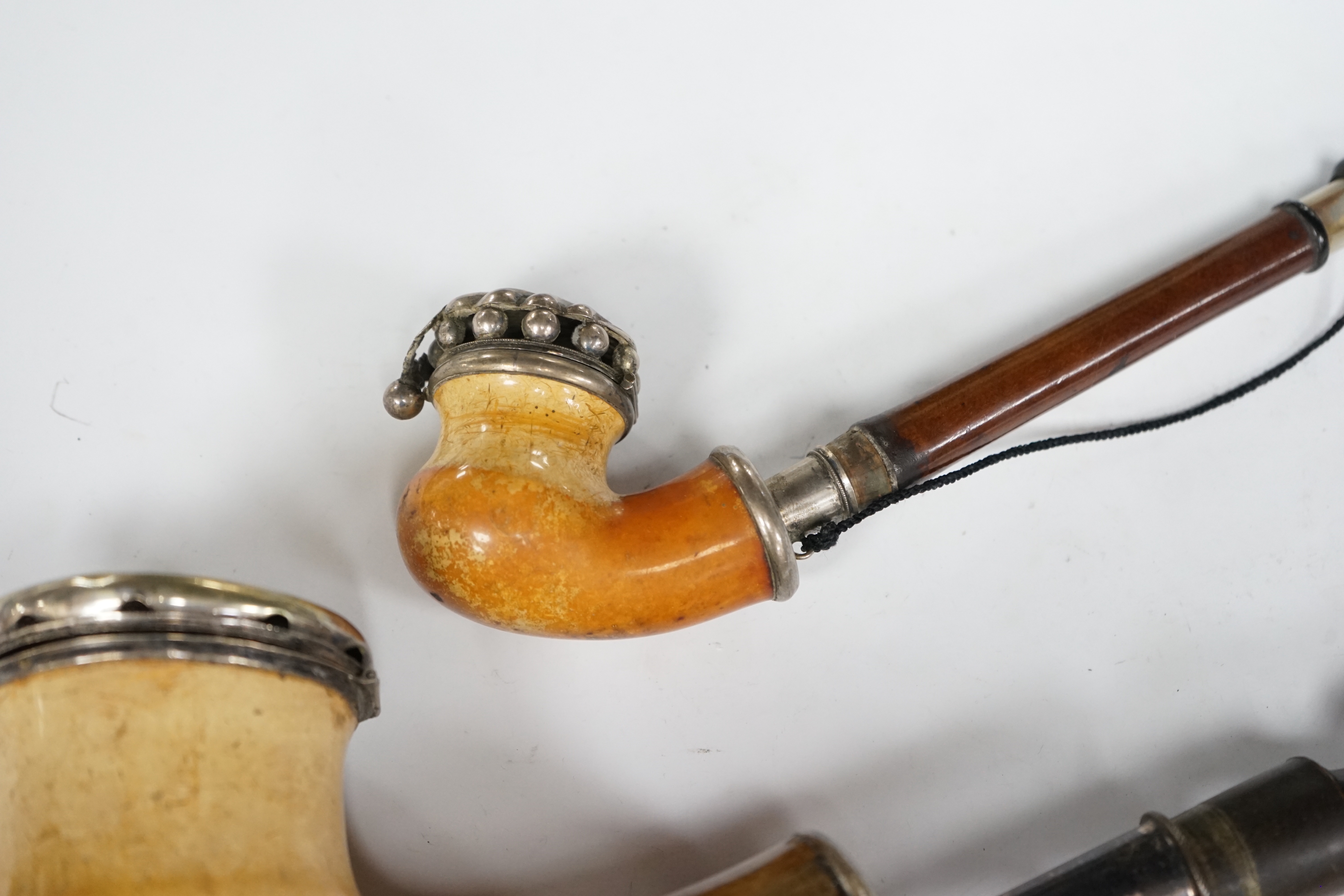 Ten mixed novelty pipes in various sizes with various mixed bowls, together with a small collection of mostly amber mouthpieces and other smoking related items, largest pipe 61cm long